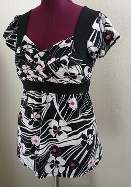 Empire Waist Sweetheart Floral Y2K Blouse L? tunic ruched stretchy whimsy vtg